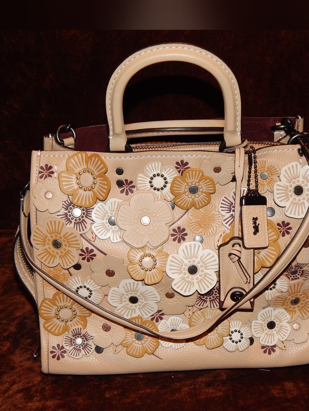Coach Floral Appliqué Satchel in Beige, White, Tan